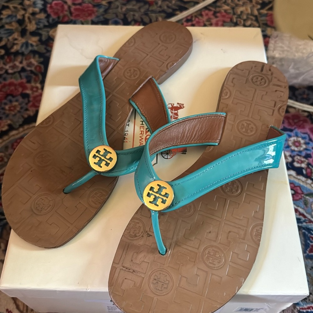 Tory Burch teal sandals, sized 10. Fair condition